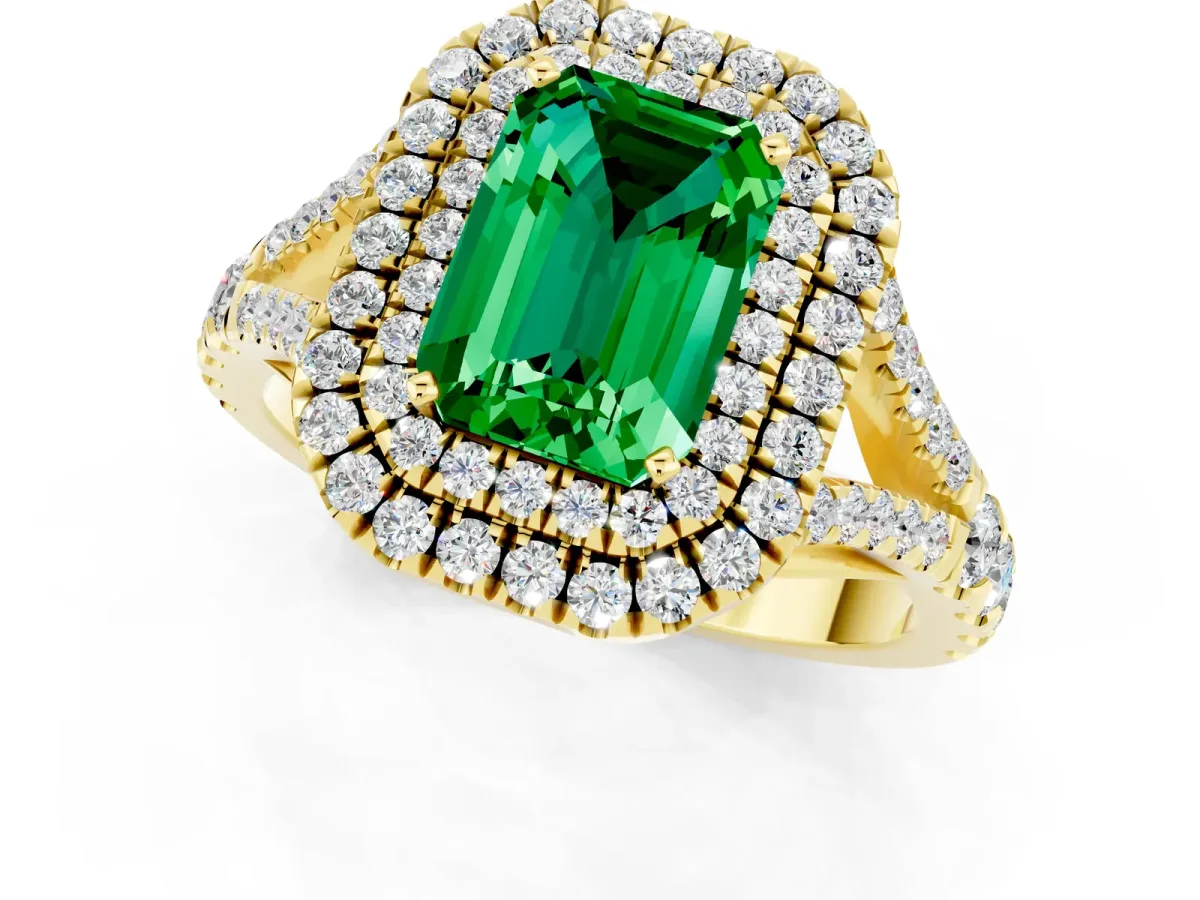 Double Halo Emerald Cut Emerald Split Shank Engagement Ring with Four-Prong Setting Yellow gold