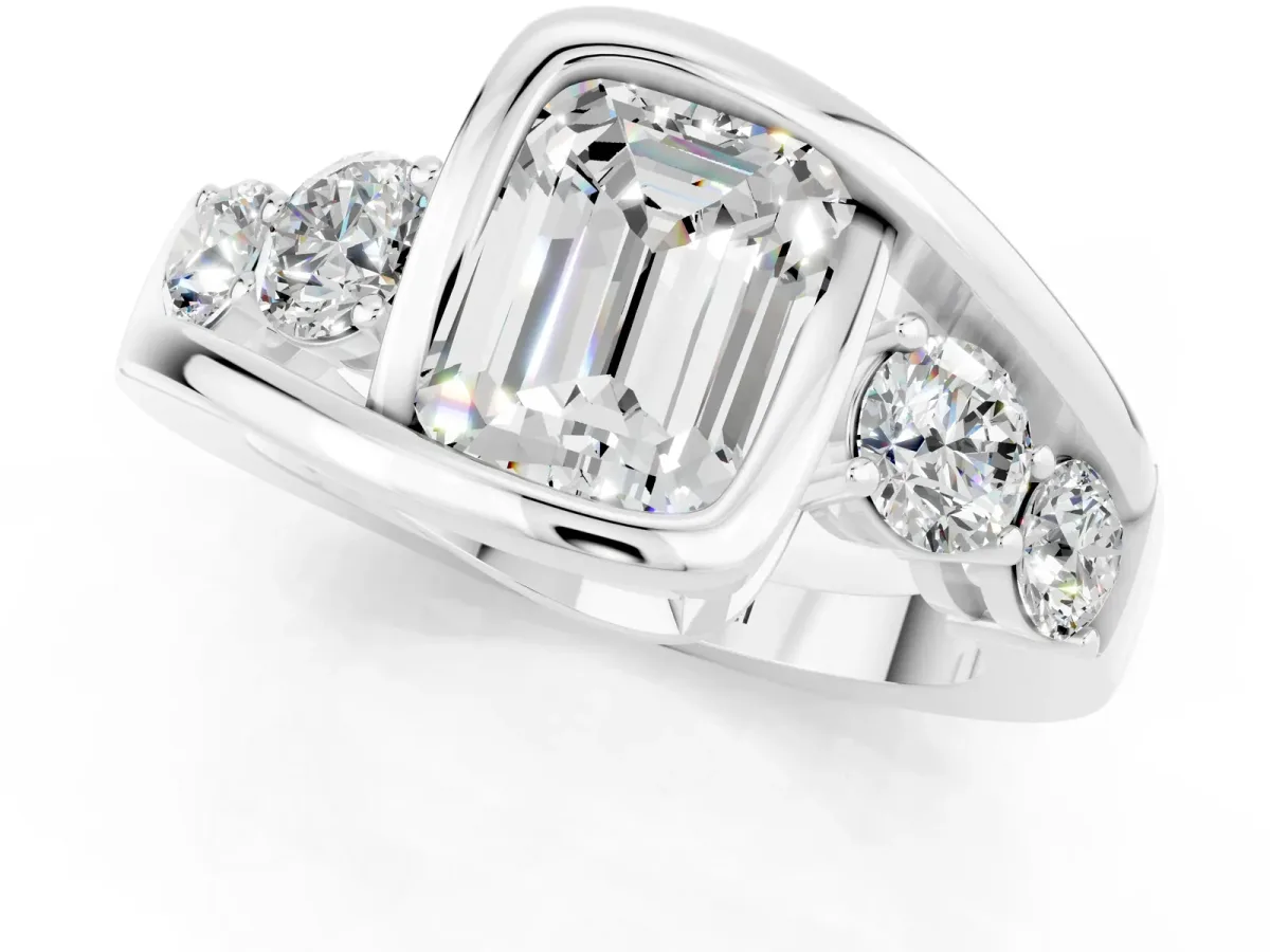 Bezel Set Emerald Cut Moissanite Bypass Ring with Round Accents Platinum