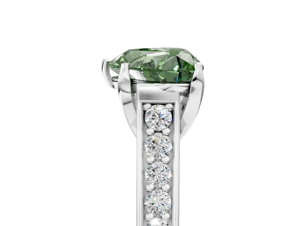 Fancy Green Heart Cut Brilliant Cut Diamond Engagement Ring with Pavé Band and Four-Prong Setting Platinum