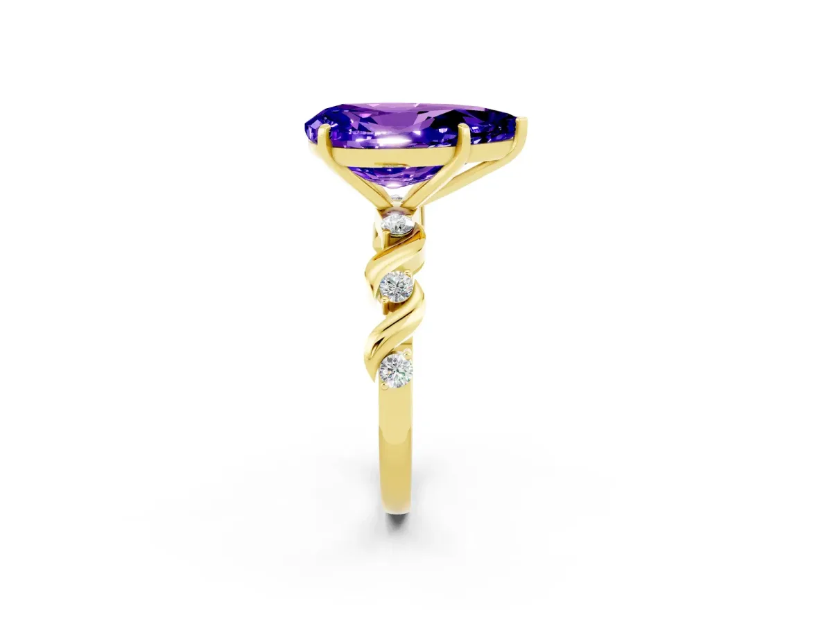 Pear Cut Tanzanite Solitaire Twisted Band with Round Accents and Prong Setting Yellow gold
