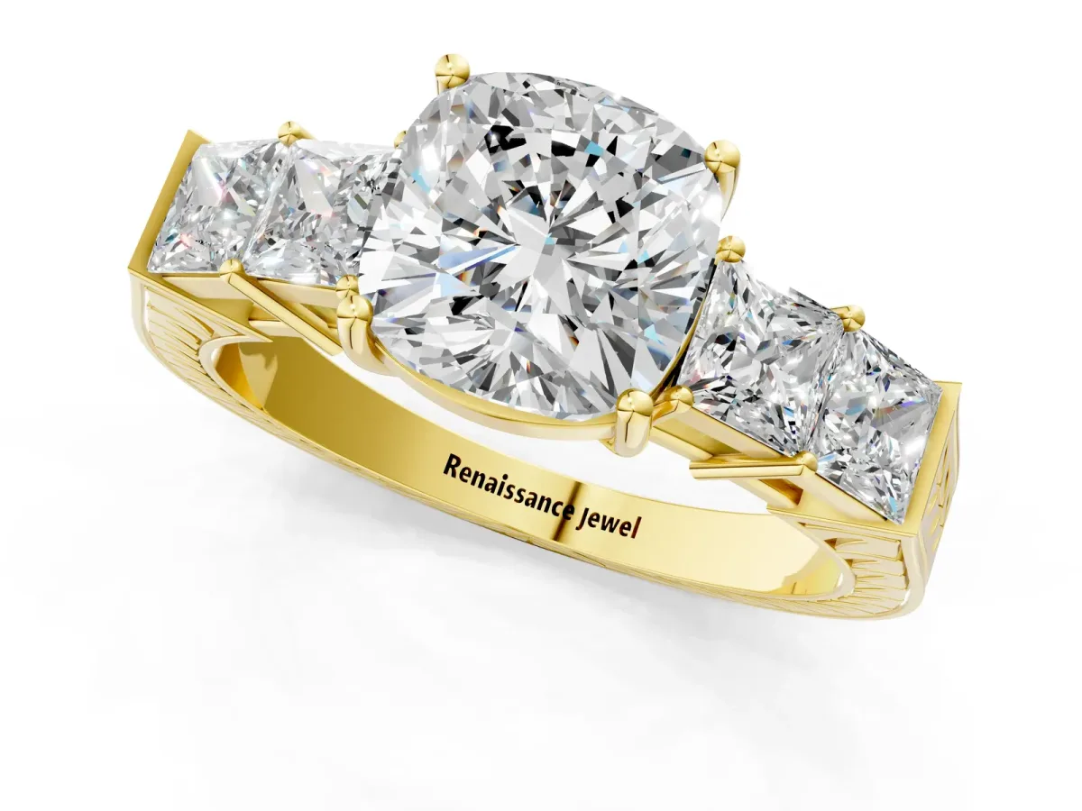 Cushion Cut Solitaire Princess Side Stone Engraved Band Prong Setting Ring Yellow gold