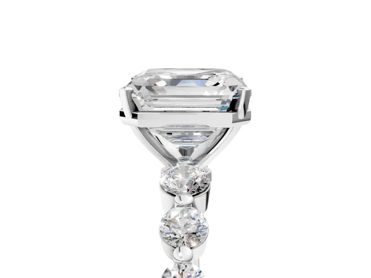 Asscher Cut Solitaire Diamond Ring with Pave Band and Four-Prong Setting Silver