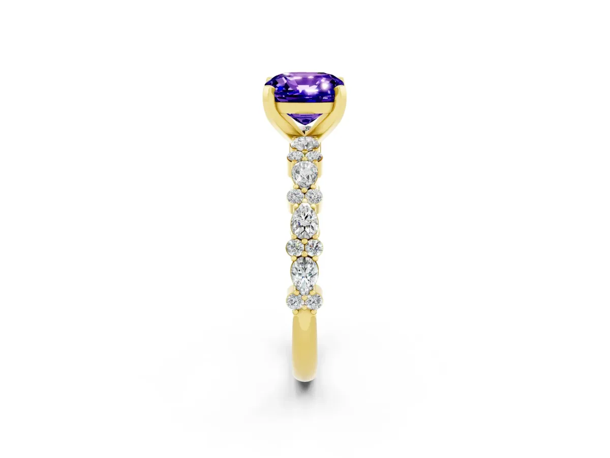 Cushion Cut Tanzanite Side Stone Solitaire Ring with Round and Four-Prong Setting Yellow gold