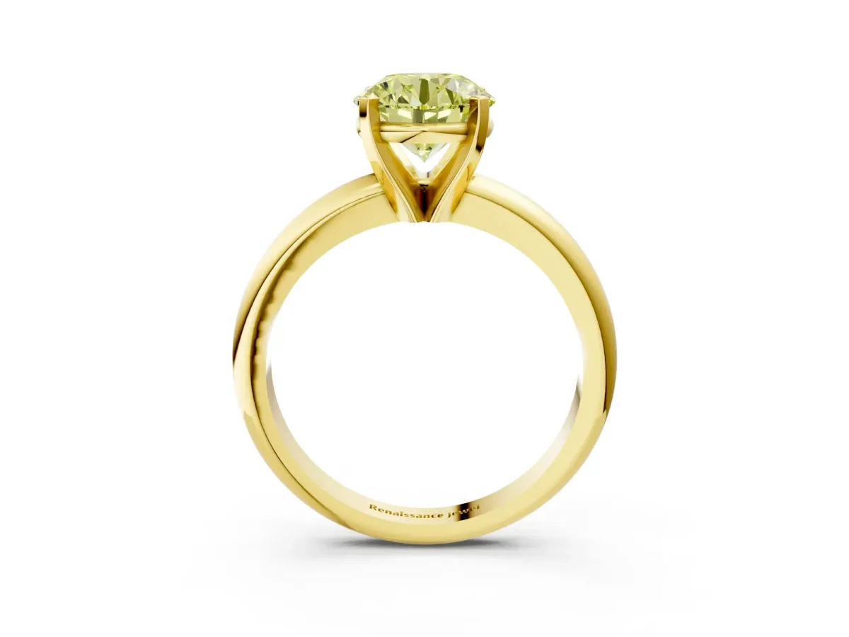 Fancy Yellow Round Cut Diamond Solitaire Engagement Ring with Round Band and Four-Prong Setting Yellow gold