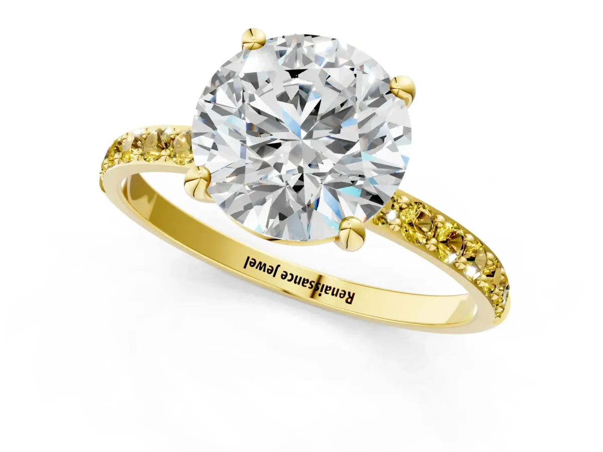 Round Cut Diamond Solitaire Ring with Round Yellow Sapphire Pavé Band and Prong Setting Yellow gold
