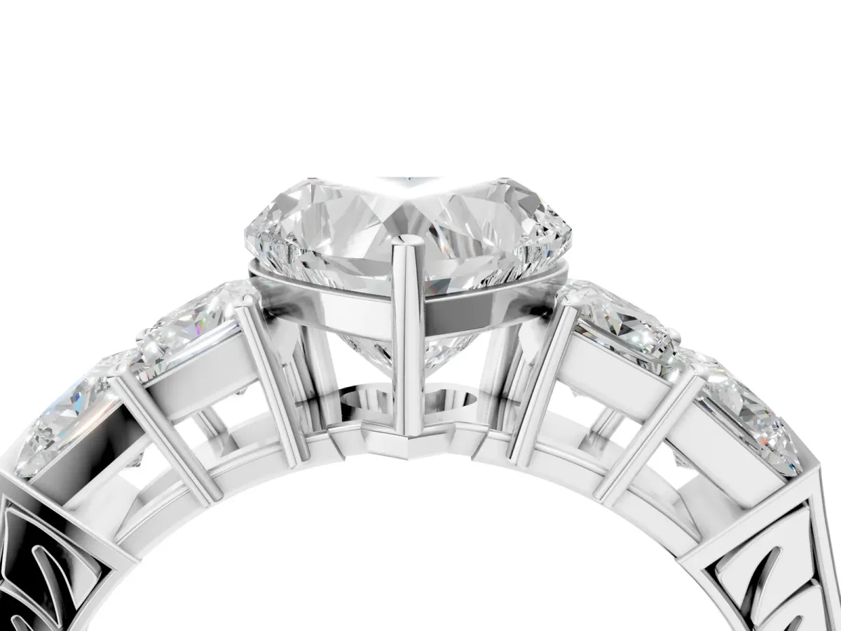 Heart Cut Solitaire Princess Side Stone Engraved Band Prong Setting Ring Silver