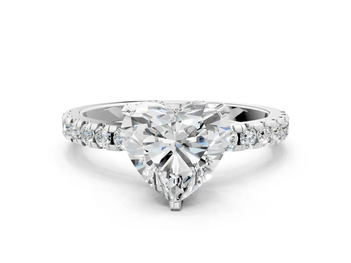 Heart Cut Diamond Solitaire Ring with Round Moissanite Pavé Band and Four-Prong Setting White gold