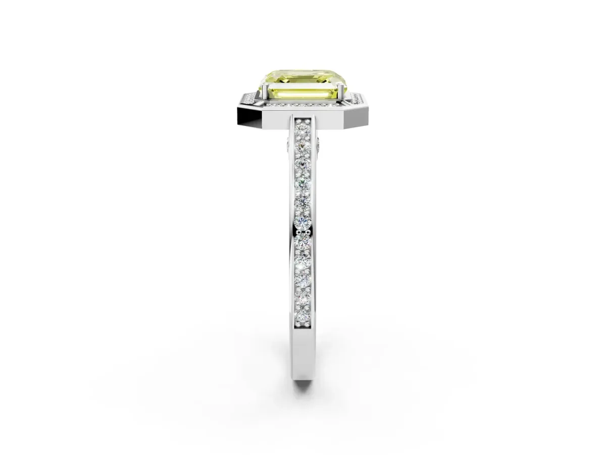 Fancy Yellow Asscher Cut Cut Halo Pave Split Shank Prong Setting Ring Platinum