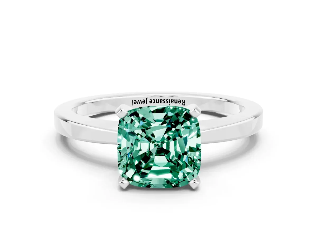 Cushion Cut Green Sapphire Solitaire Engagement Ring with Classic Band and Four-Prong Setting White gold
