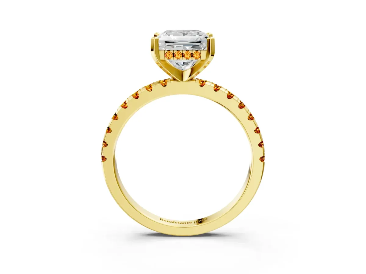 Princess Cut Diamond Solitaire Ring with Round Citrine Pavé Band and Four-Prong Setting Yellow gold