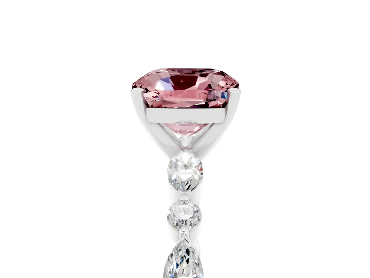 Cushion Cut Morganite Ring with Marquise and Round Side Stones and Four-Prong Setting White gold