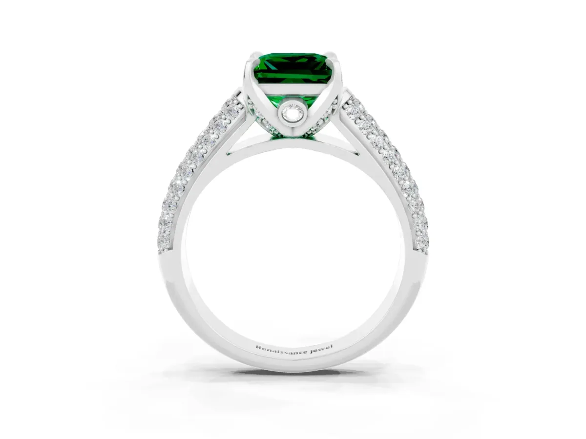 Princess Cut Emerald Solitaire Ring with Three-Row Pavé Band and Four-Prong Setting Platinum
