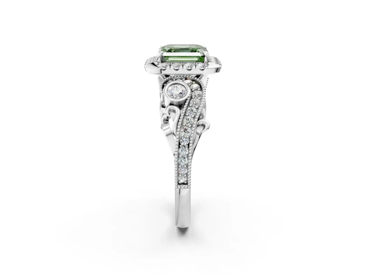 Fancy Green Asscher Cut Diamond Halo Ring with Milgrain Pavé Band and Four-Prong Setting White gold