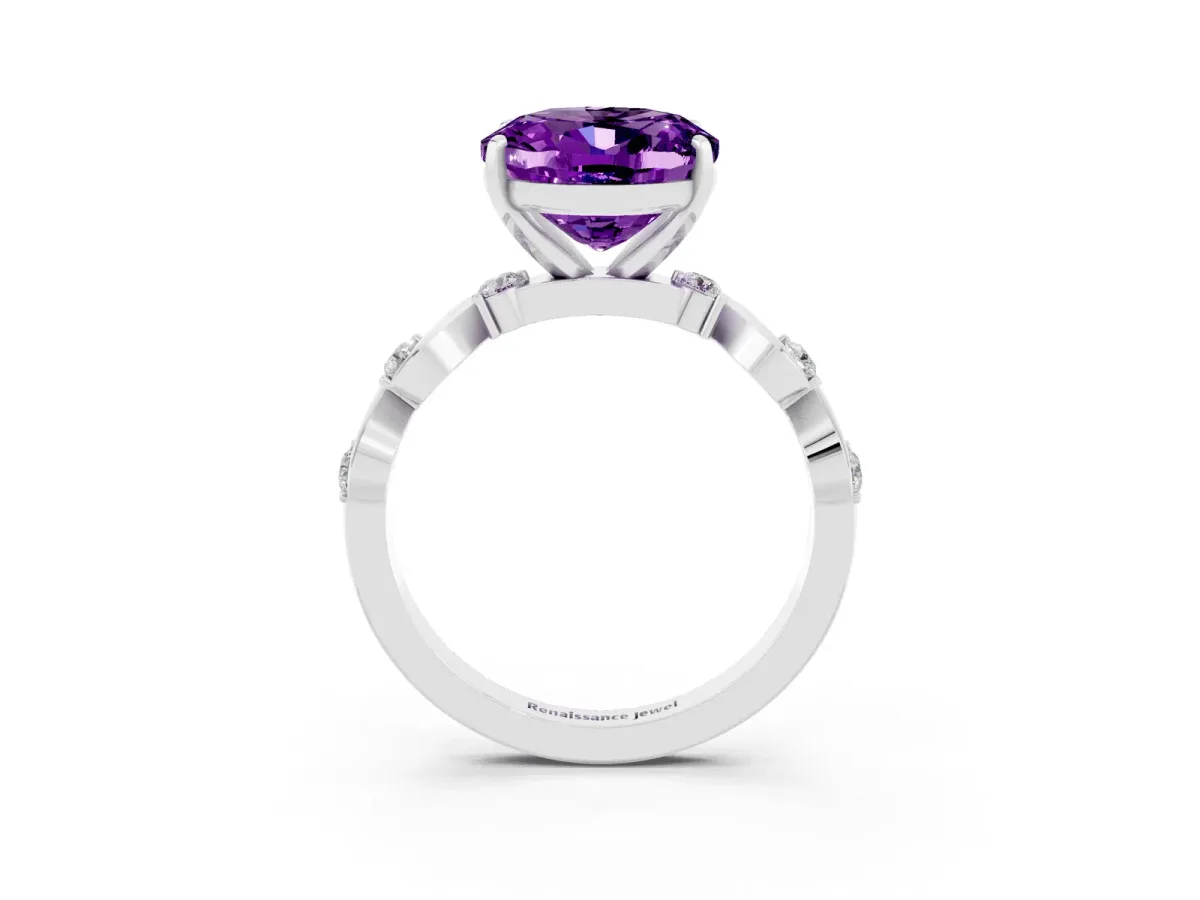 Oval Cut Amethyst Solitaire Twisted Band with Round Accents and Prong Setting Silver