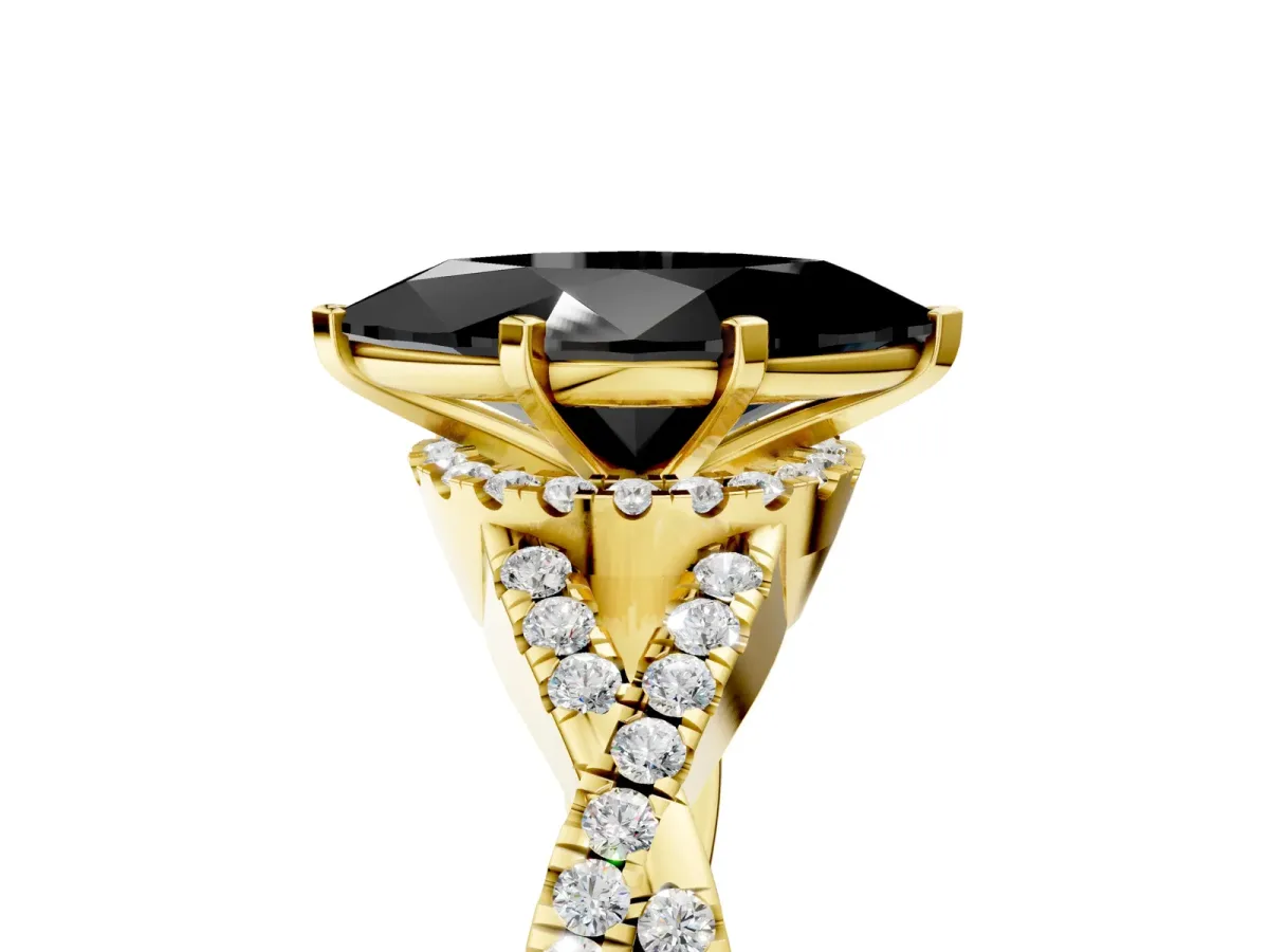 Fancy Black Marquise Cut Diamond Halo Twist Band Solitaire Prong Setting Ring Yellow gold