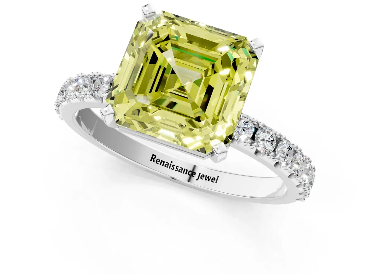 Fancy Yellow Asscher Cut Diamond Solitaire Pavé Band with Four-Prong Setting Silver