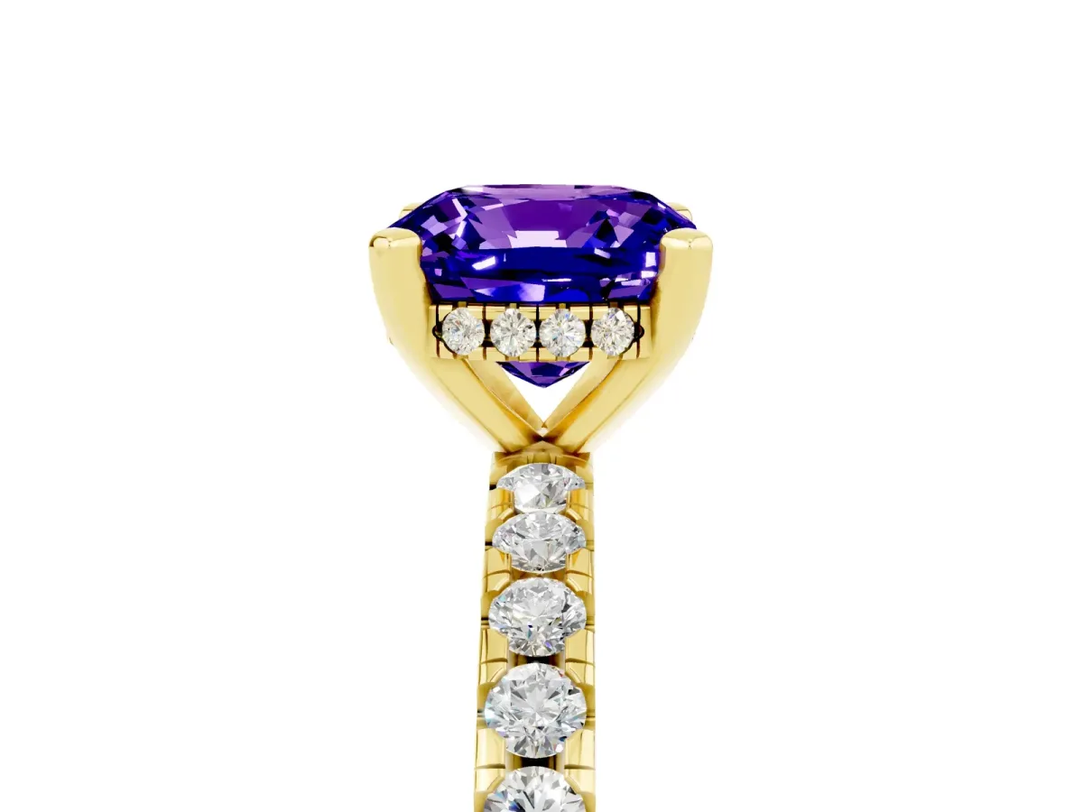 Cushion Cut Tanzanite Solitaire Ring with Round Pavé Band and Four-Prong Setting Yellow gold