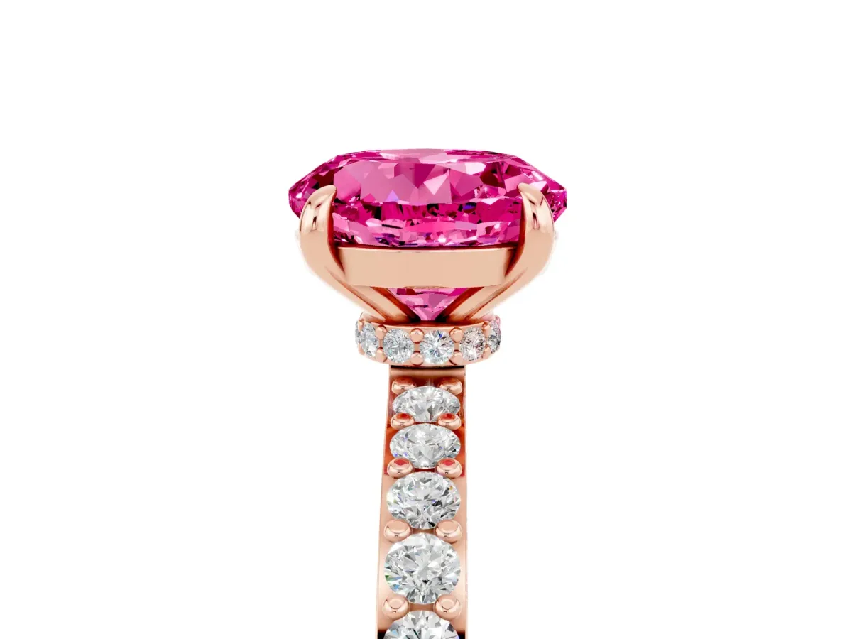 Round Cut Pink Sapphire Solitaire Engagement Ring with Pavé Band and Four-Prong Setting Rose gold