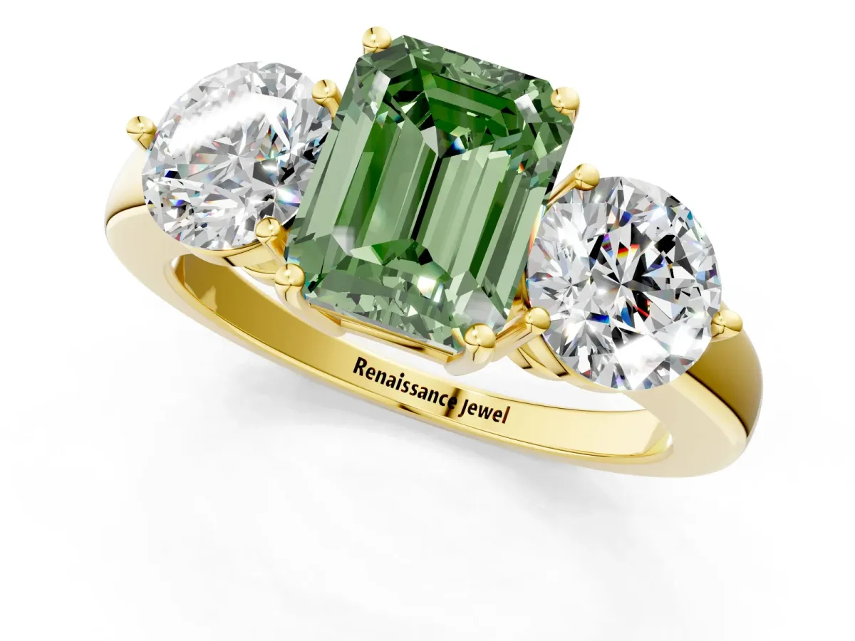 Fancy Green Emerald Cut Diamond Three-Stone Ring with Prong Setting and Classic Band Yellow gold