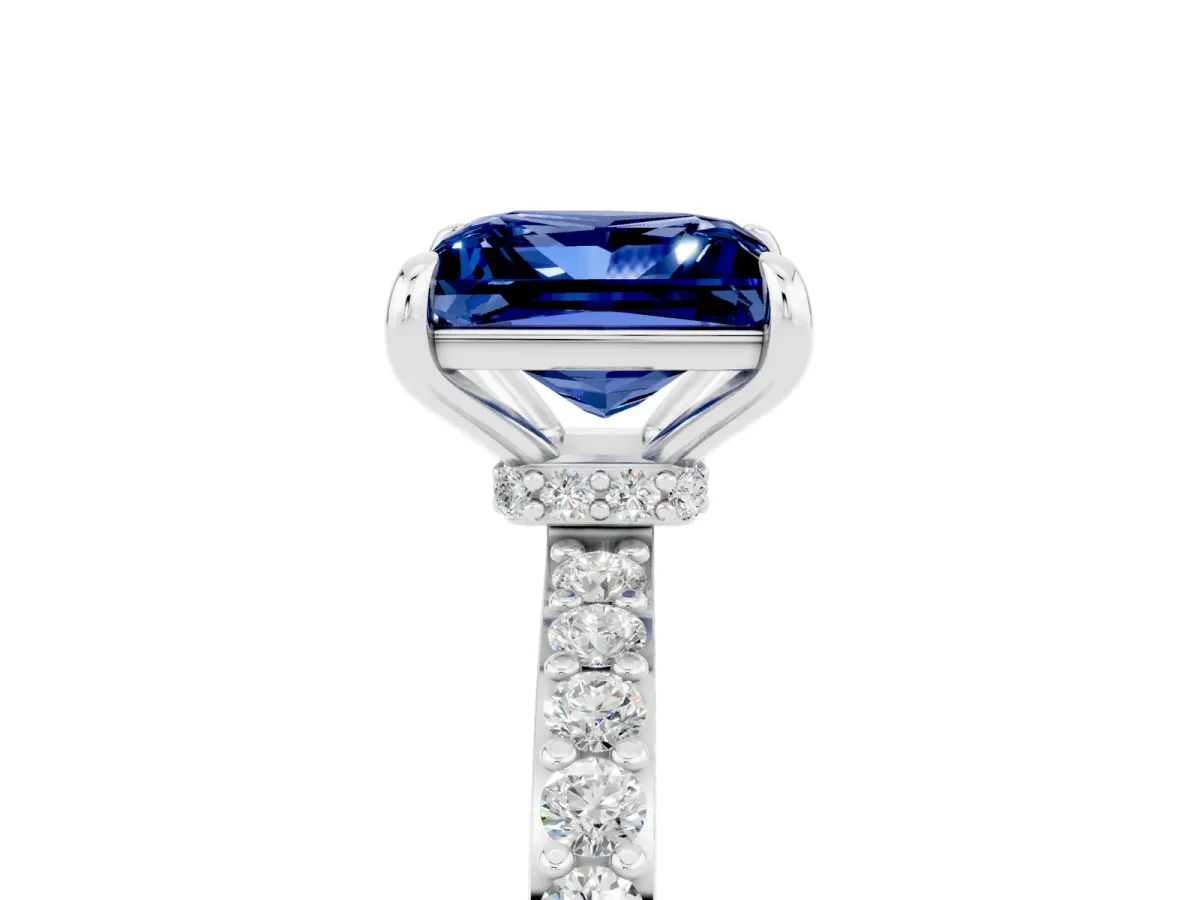 Princess Cut Blue Sapphire Solitaire Engagement Ring with Pavé Band and Four-Prong Setting White gold