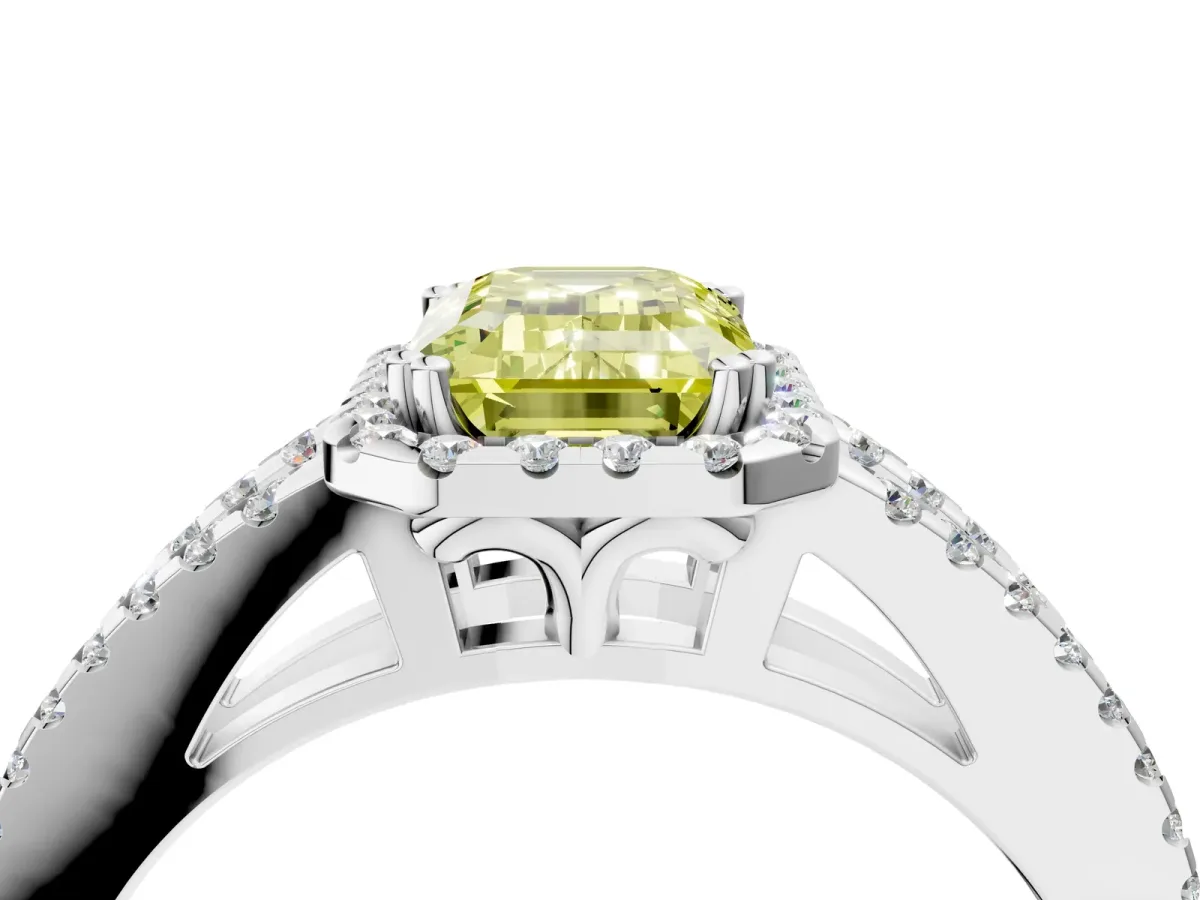 Fancy Yellow Emerald Cut Diamond Halo Split Shank Engagement Ring Platinum