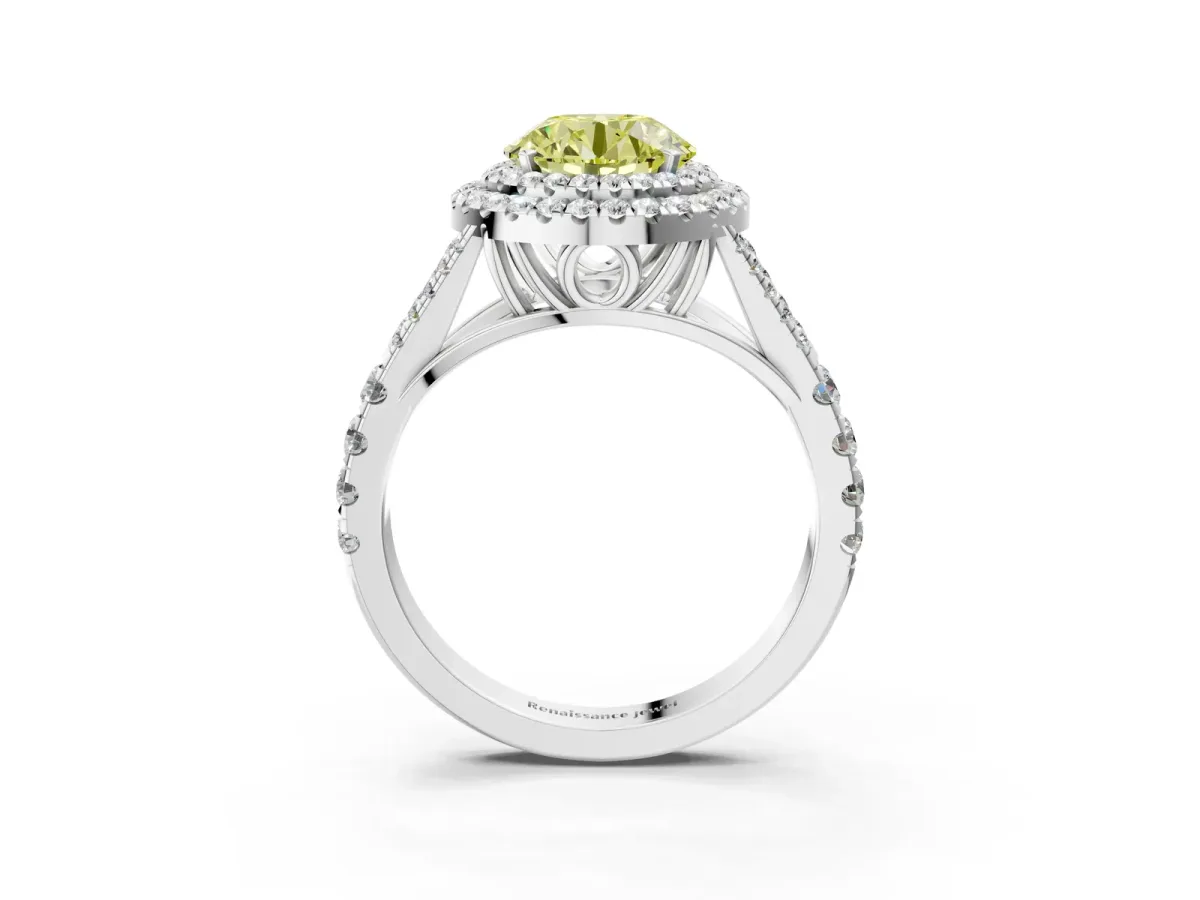 Fancy Yellow Double Halo Round Cut Diamond Split Shank Engagement Ring with Four-Prong Setting White gold