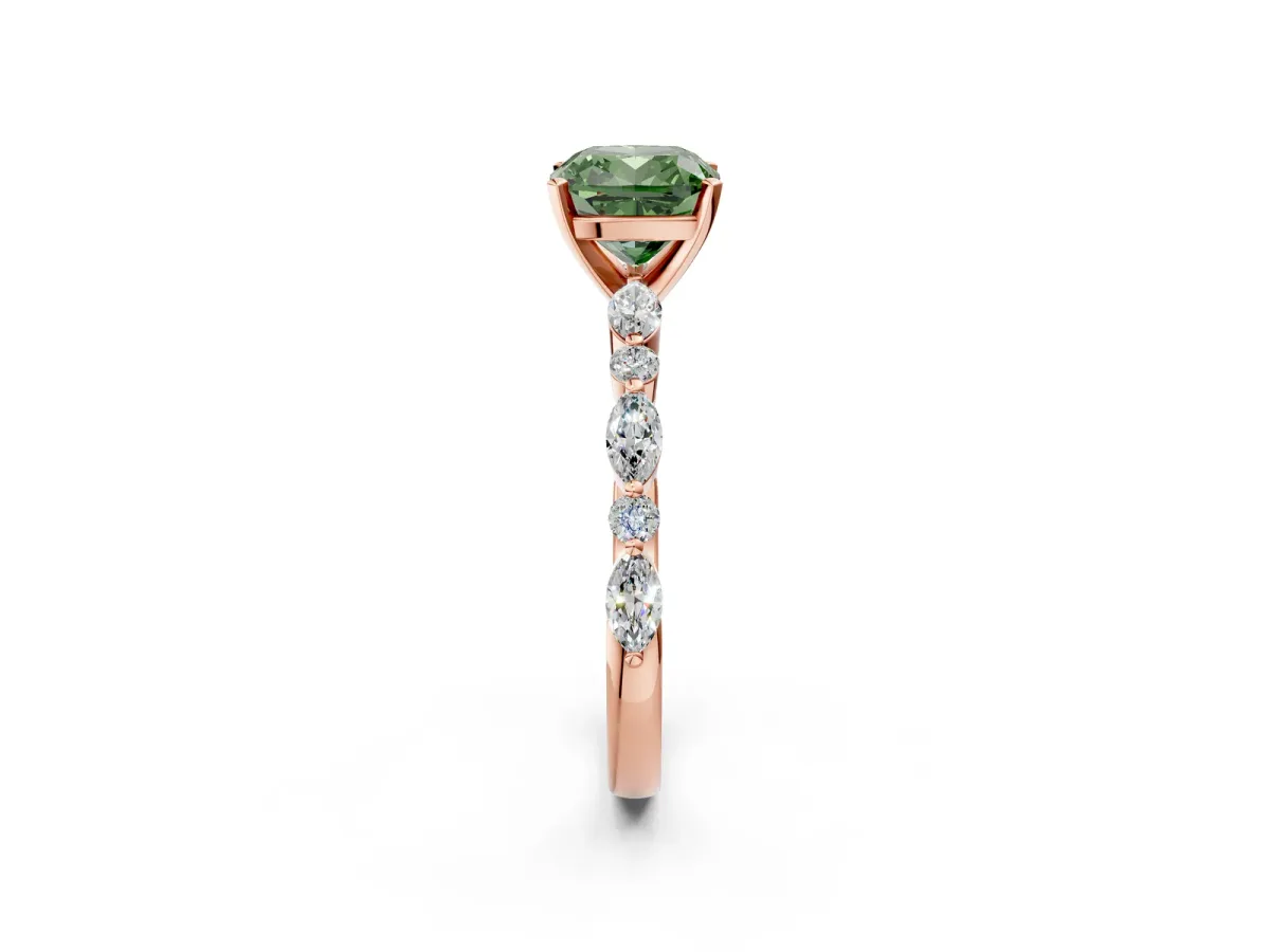 Fancy Green Cushion Cut Diamond Ring with Marquise and Round Side Stones and Four-Prong Setting Rose gold