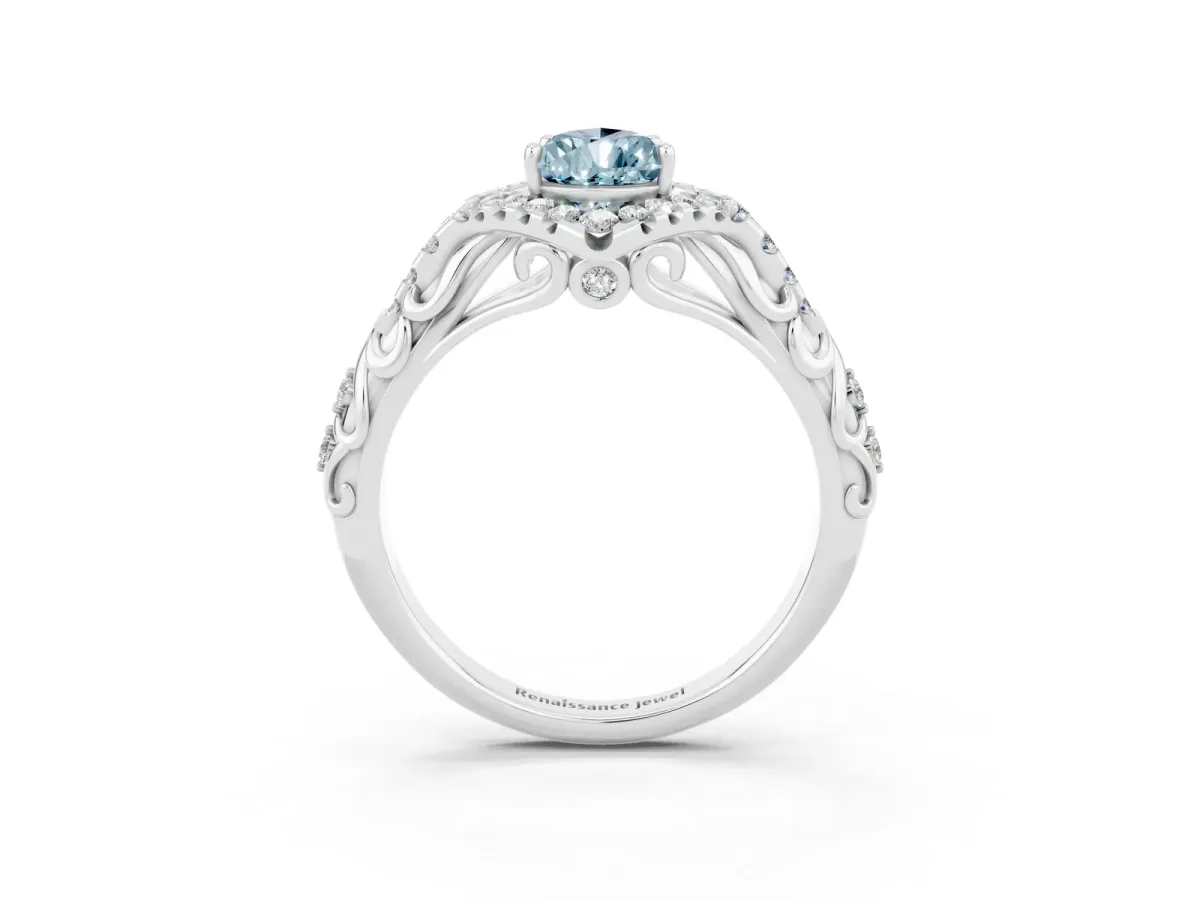 Pear Cut Aquamarine Solitaire Ring with Hidden Halo and Pavé Band White gold