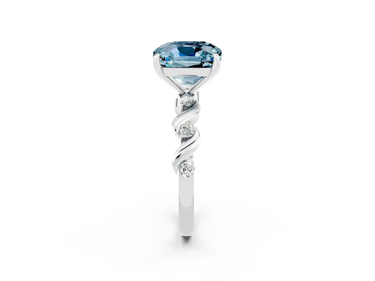 Cushion Cut Aquamarine Solitaire Twisted Band with Round Accents and Prong Setting Platinum