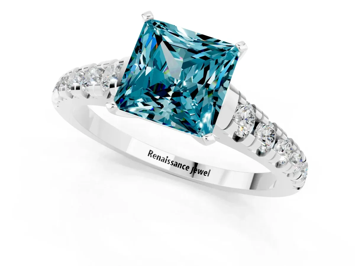 Princess Cut Blue Topaz Cathedral Solitaire Ring with Round Pavé Band Platinum