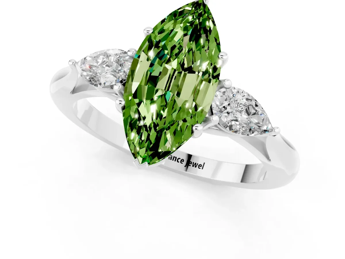 Marquise Cut Peridot Three-Stone Ring with Pear Side Stones and Prong Setting Silver