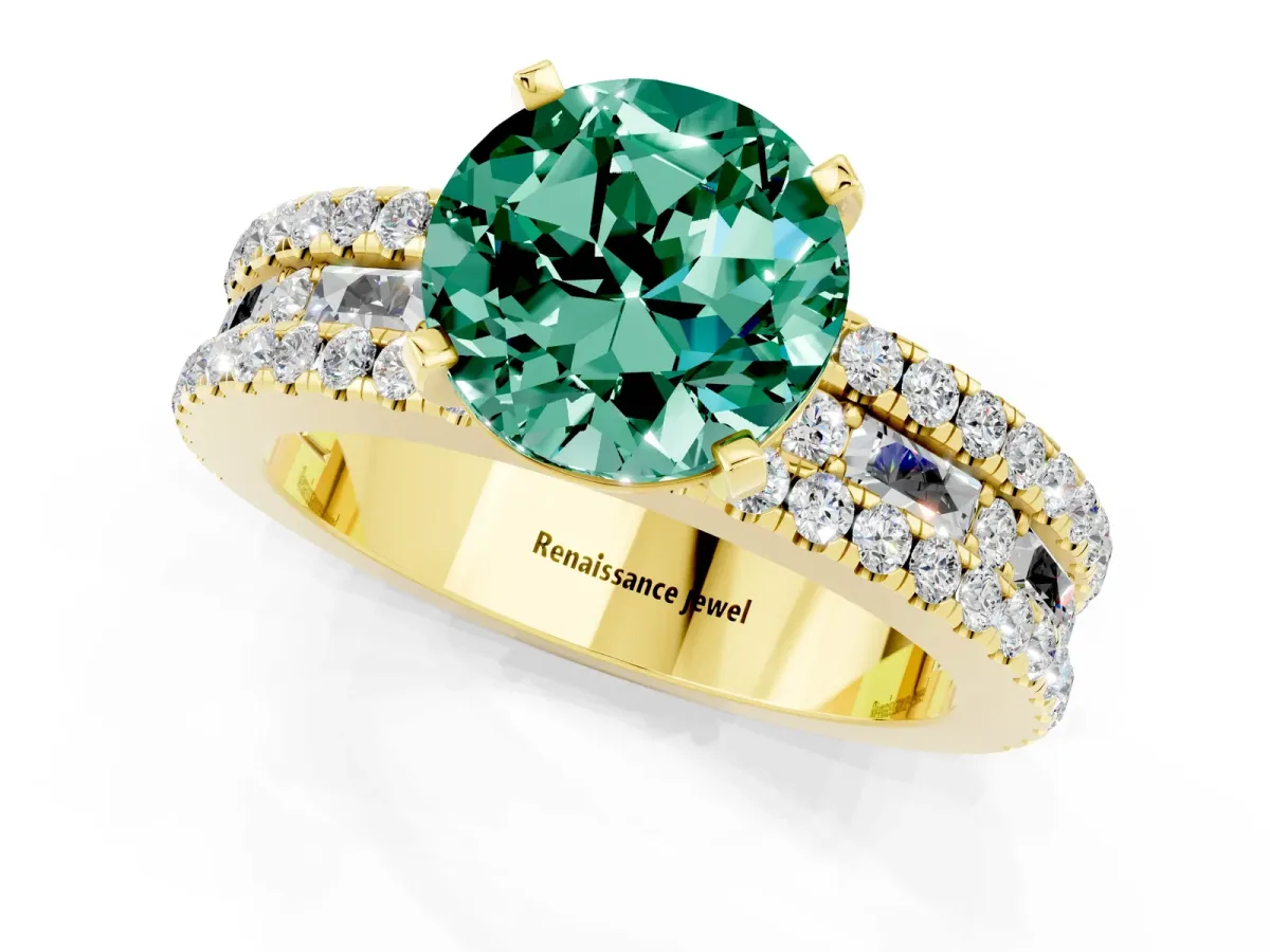 Round Cut Green Sapphire Solitaire Ring with Pavé and Channel Set Band Yellow gold