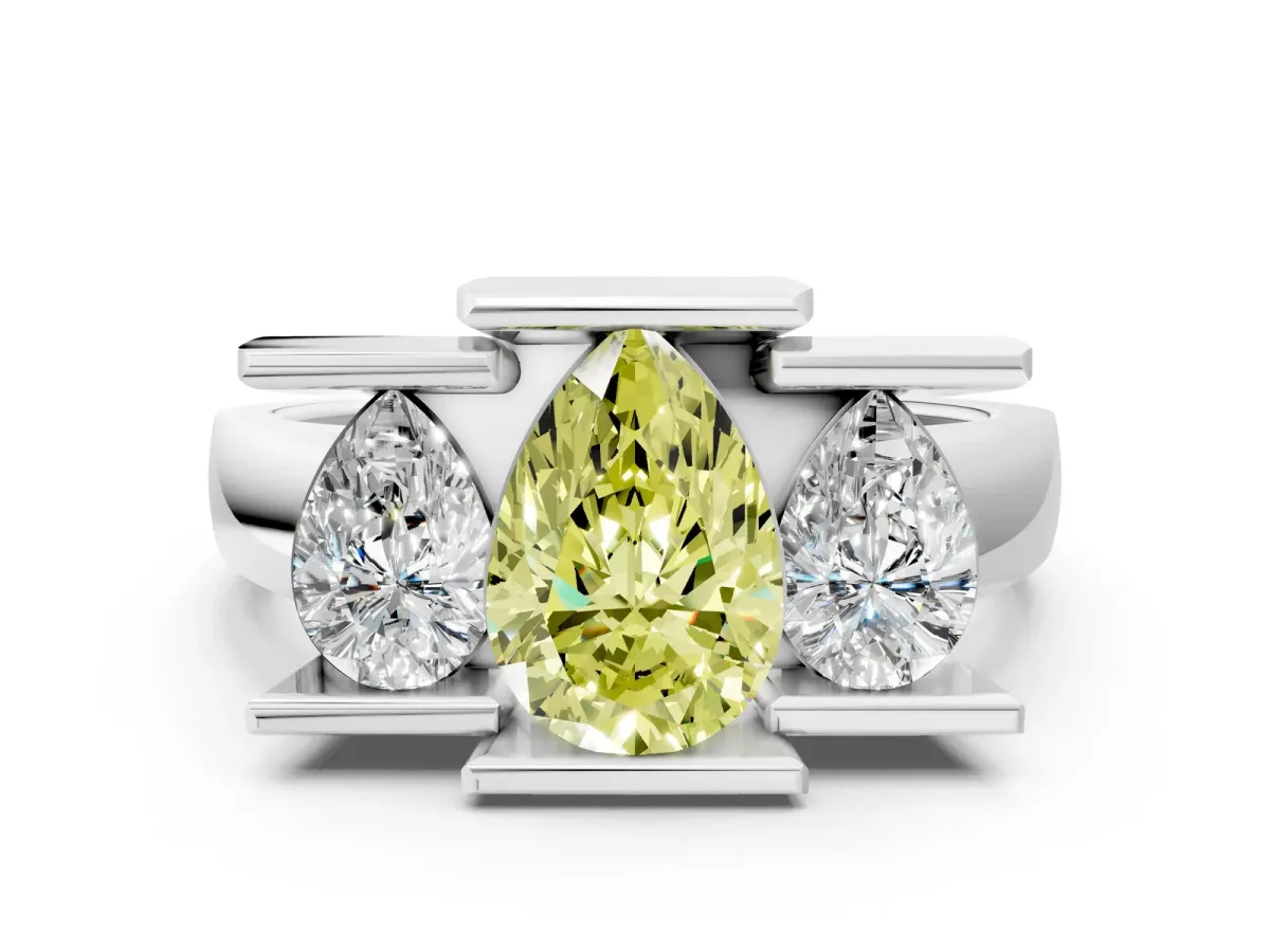 Fancy Yellow Three Stone Pear Cut Cut Channel Set Diamond Ring Silver