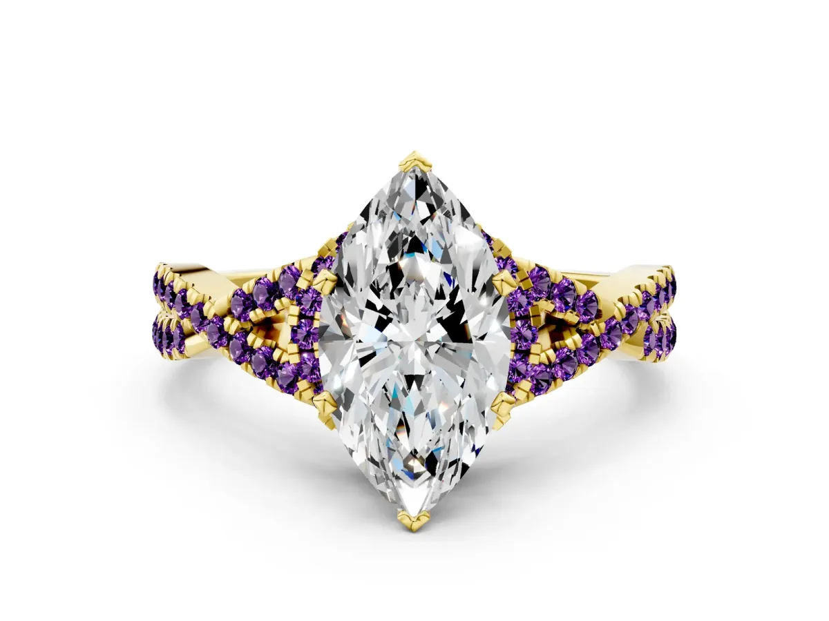 Marquise Cut Diamond Amethyst Halo Twist Band Solitaire Prong Setting Ring Yellow gold
