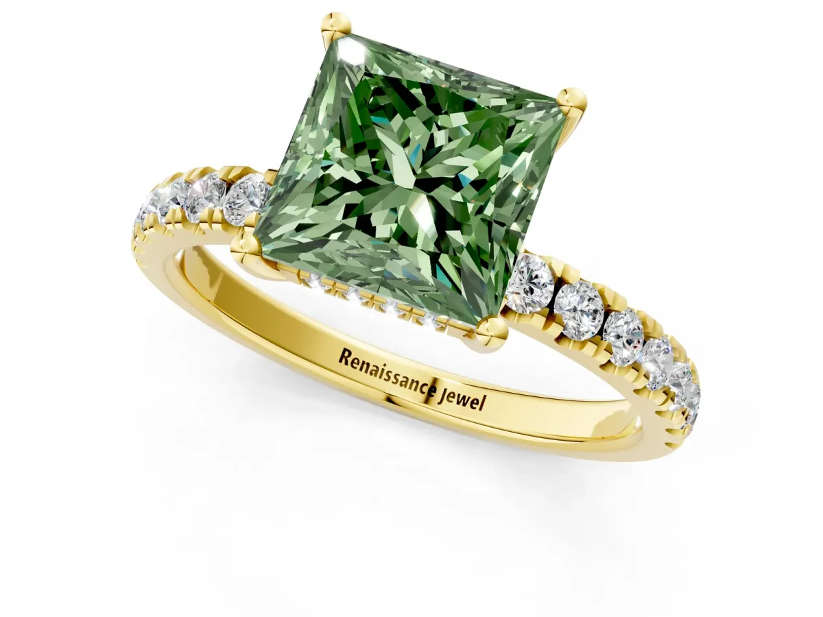 Fancy Green Princess Cut Diamond Pave Band Solitaire Ring with Round and Prong Setting Yellow gold