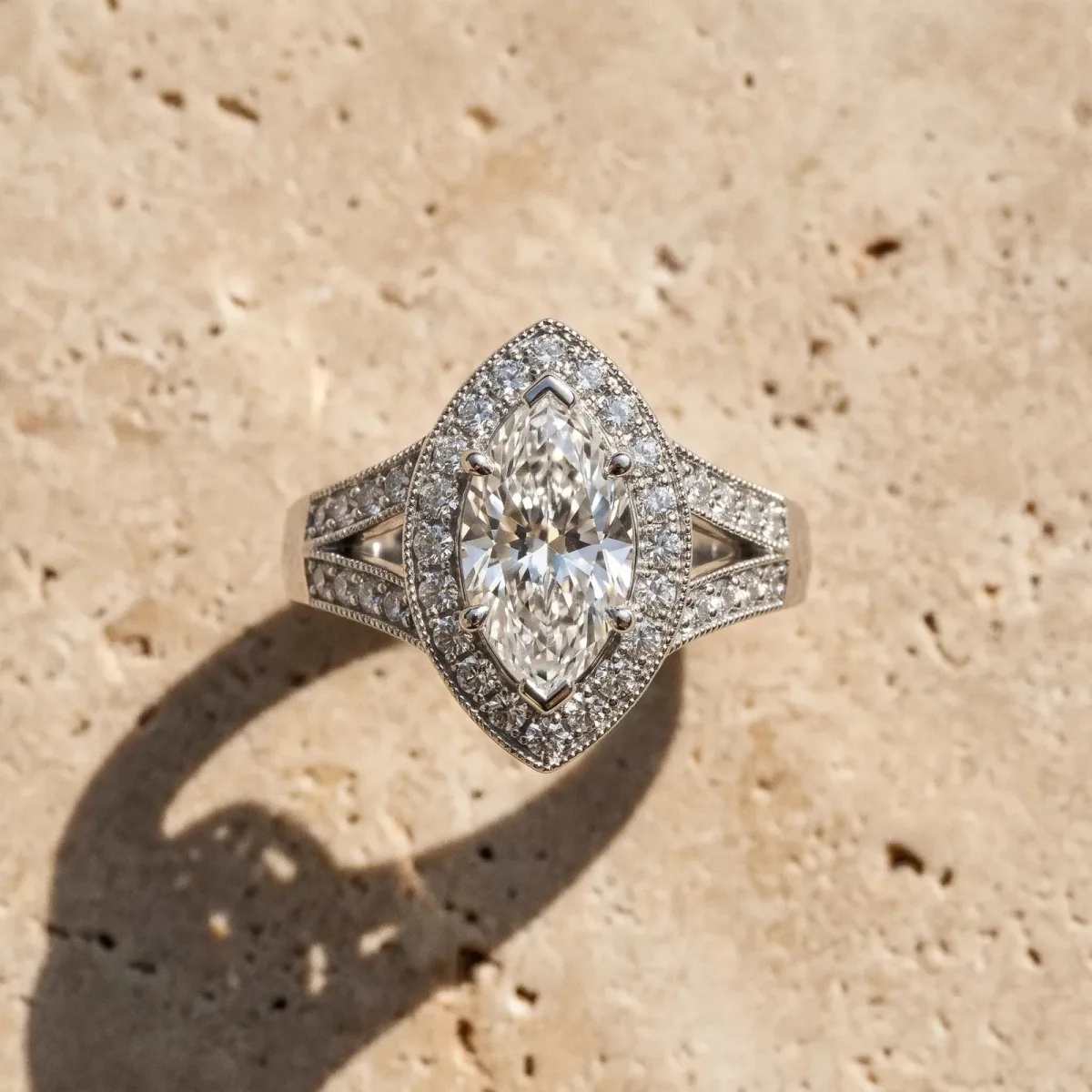 Marquise Cut Halo Split Shank Diamond Ring with Milgrain Prong Setting Platinum