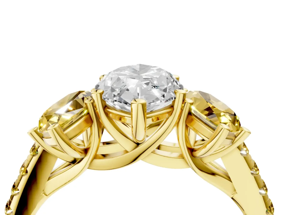 Three-Stone Marquise Cut Diamond Ring with Round Yellow Sapphire Pavé Band and Prong Setting Yellow gold