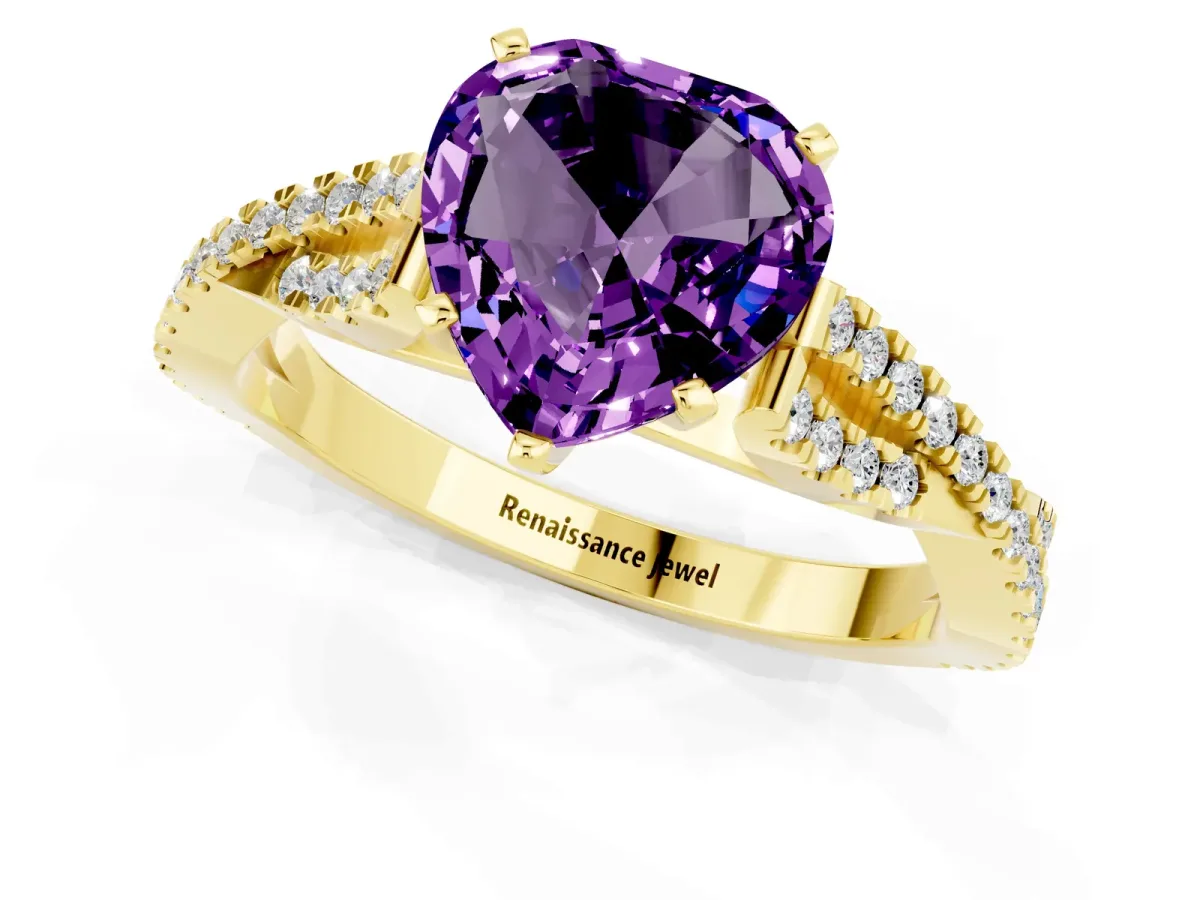 Heart Cut Amethyst Solitaire Engagement Ring with Twisted Pavé Band and Four-Prong Setting Yellow gold