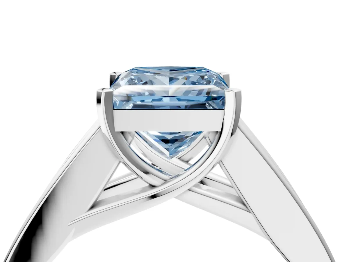 Fancy Blue Princess Cut Cut Channel Set Solitaire Ring with Four-Prong Setting Silver