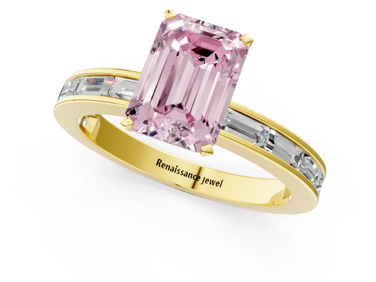 Fancy Pink Emerald Cut Solitaire Diamond Ring with Channel-Set Baguette Band and Four-Prong Setting Yellow gold