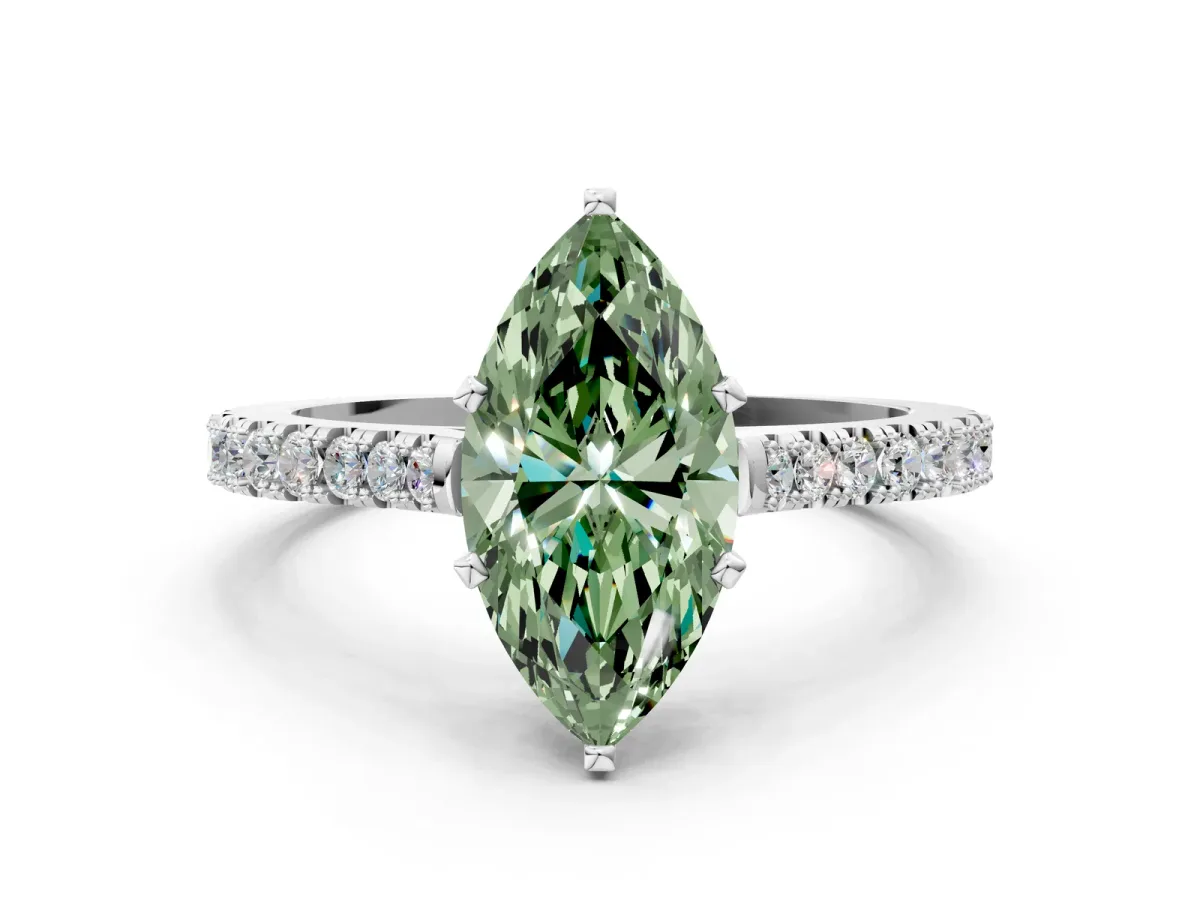Fancy Green Marquise Cut Cut Solitaire Diamond Engagement Ring with Pave Band and Four-Prong Setting White gold