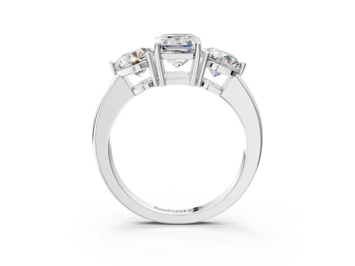 Emerald Cut Diamond Three-Stone Ring with Prong Setting and Classic Band White gold