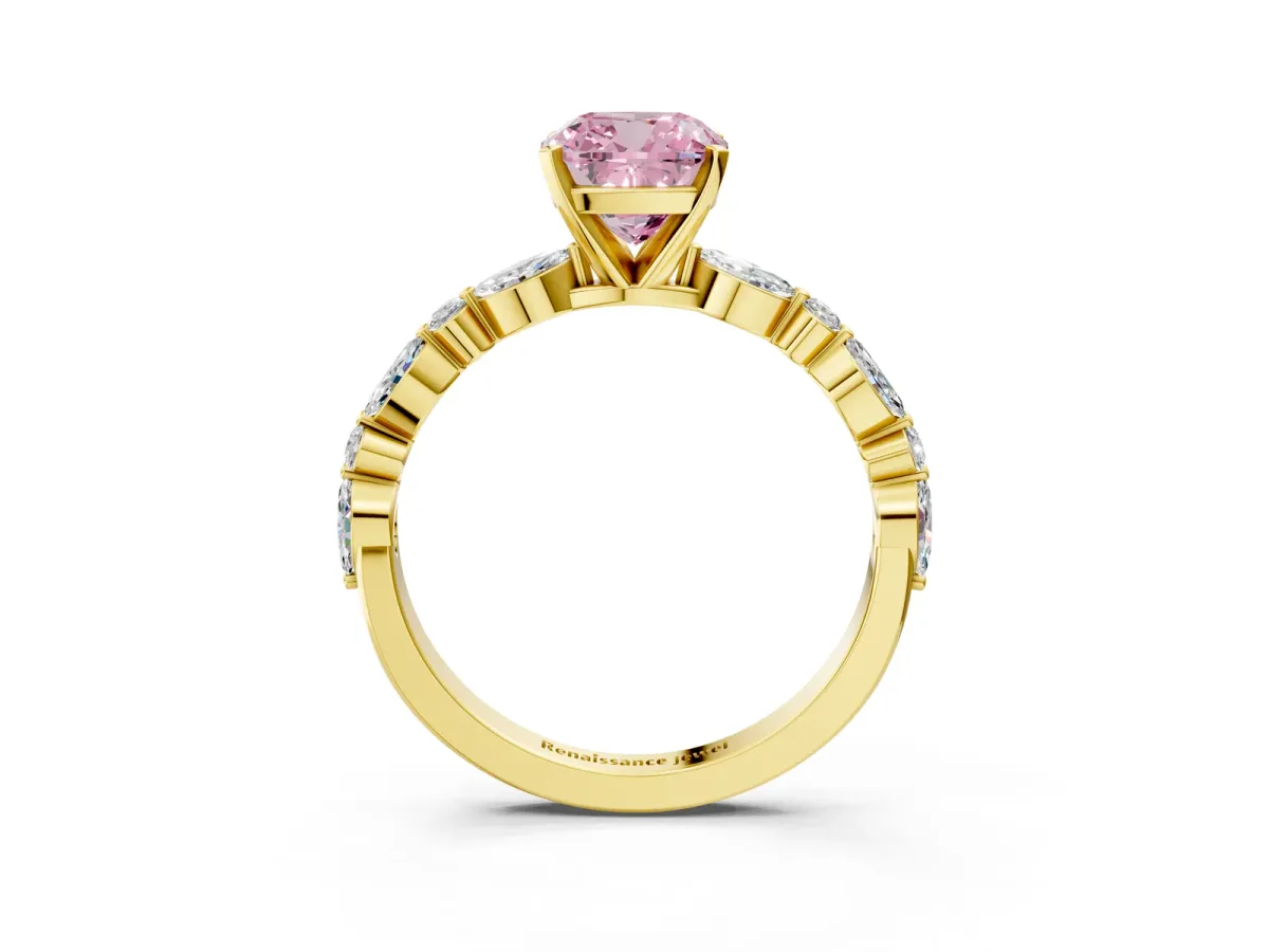 Fancy Pink Cushion Cut Diamond Ring with Marquise and Round Side Stones and Four-Prong Setting Yellow gold