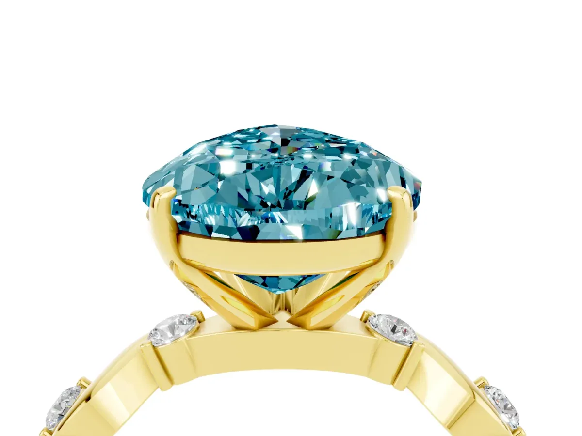 Pear Cut Blue Topaz Solitaire Twisted Band with Round Accents and Prong Setting Yellow gold