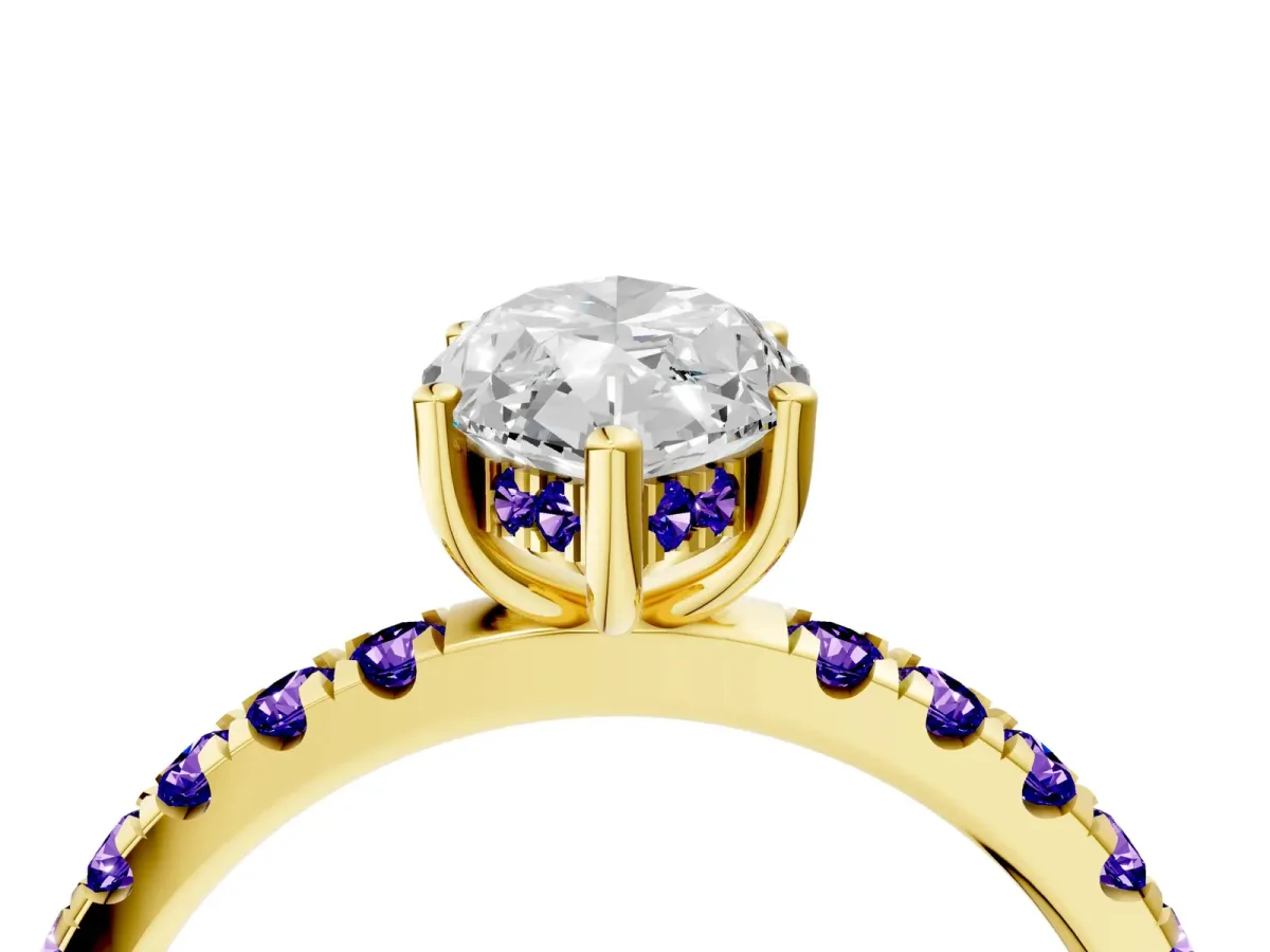 Marquise Cut Diamond Pave Band Solitaire Ring with Round Tanzanite and Prong Setting Yellow gold
