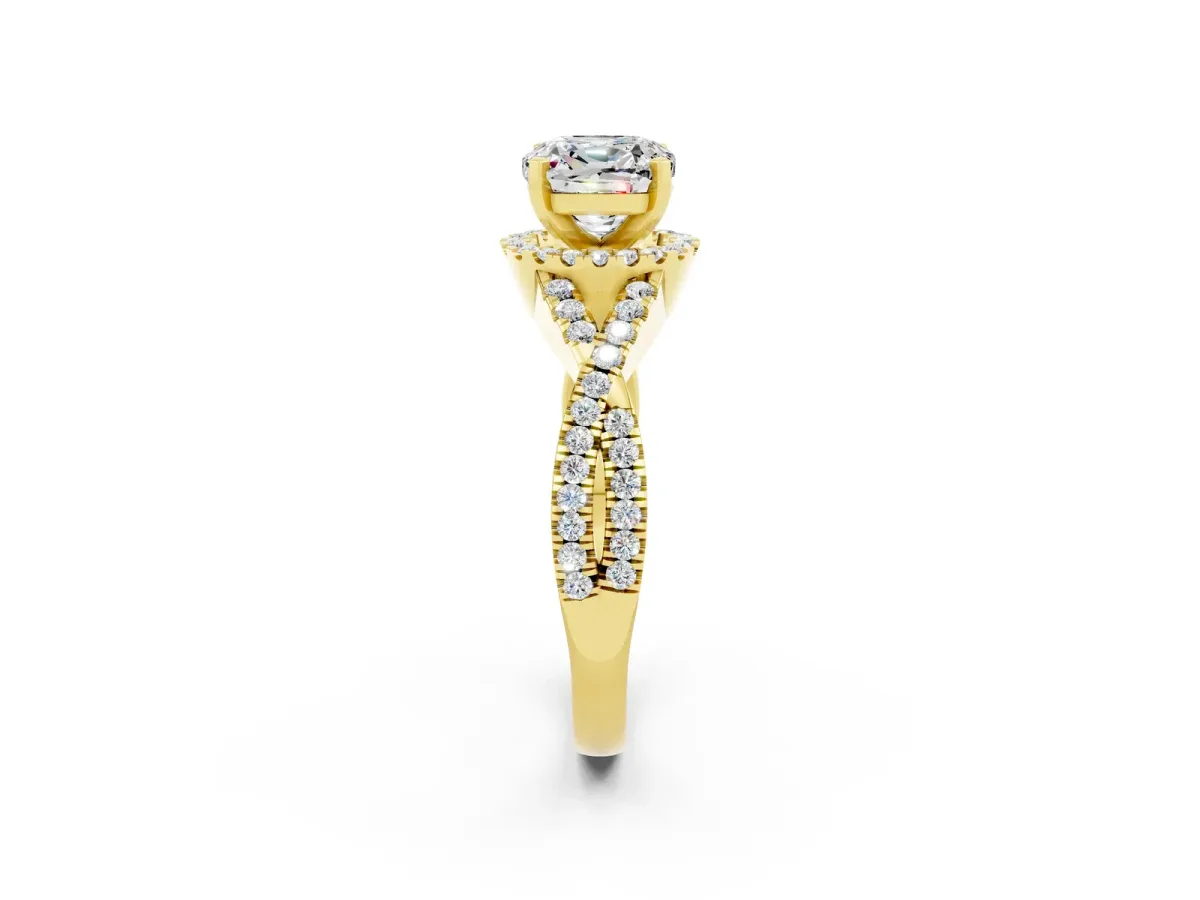 Cushion Cut Moissanite Halo Twist Band Solitaire Prong Setting Ring Yellow gold