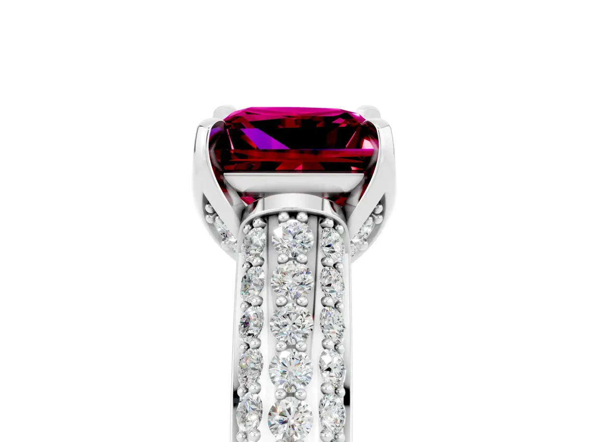 Princess Cut Garnet Solitaire Ring with Three-Row Pavé Band and Four-Prong Setting Platinum