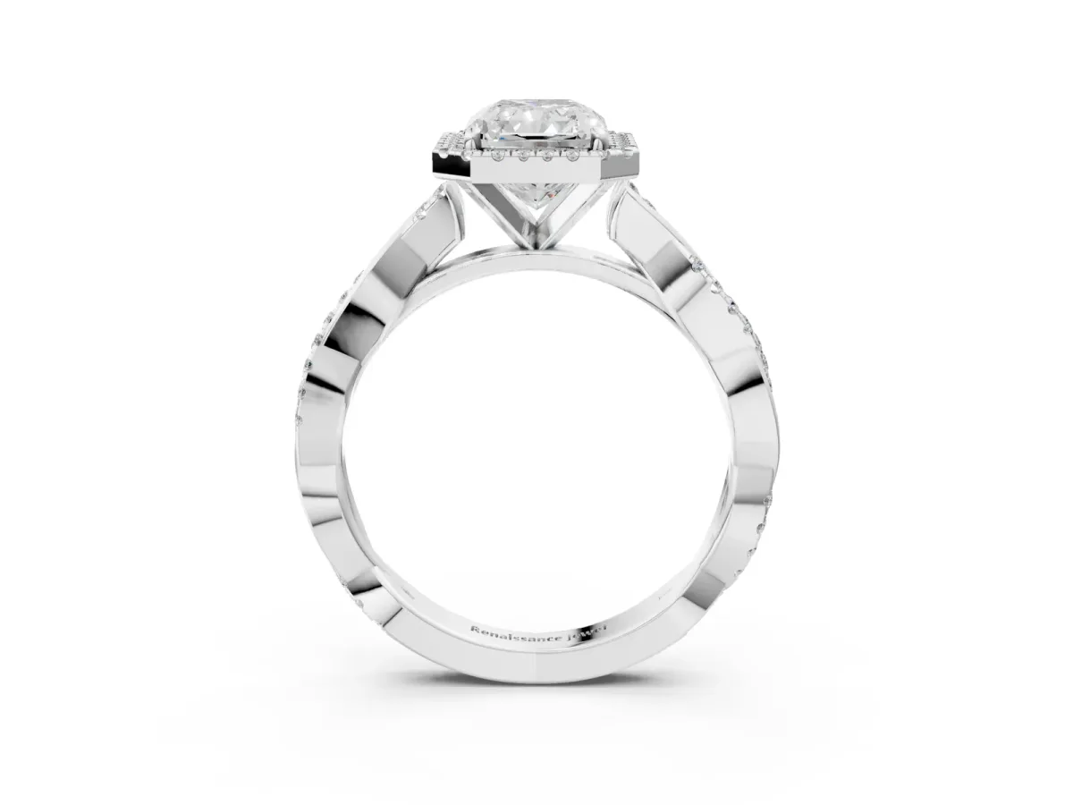 Radiant Cut Cut Halo Twisted Band Four-Prong Ring Platinum