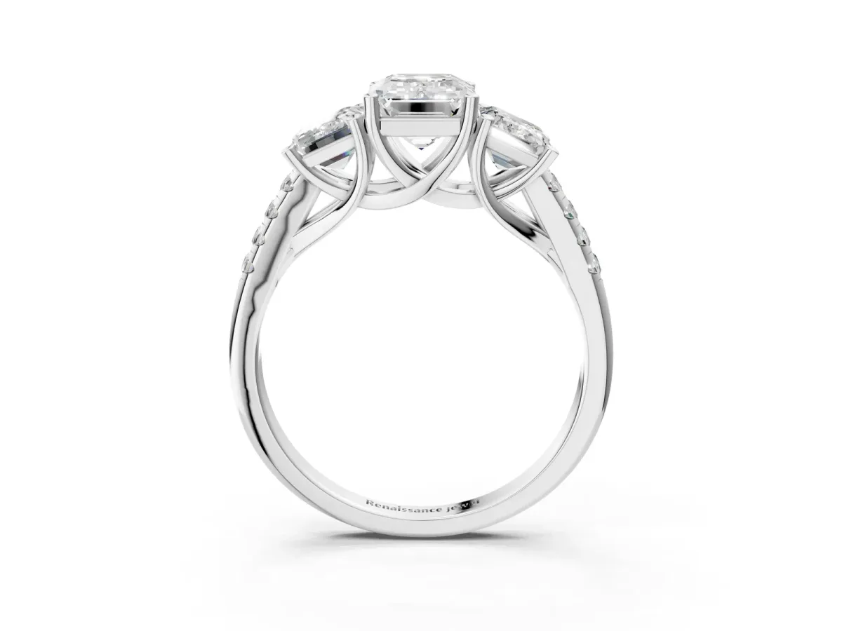 Three-Stone Emerald Cut Diamond Ring with Round Pavé Band and Prong Setting White gold
