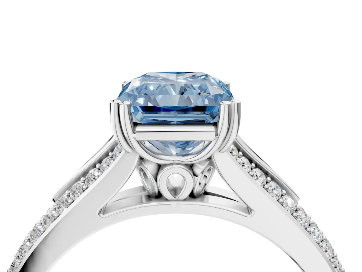 Fancy Blue Radiant Cut Diamond Split Shank Engagement Ring with Pavé Band Platinum